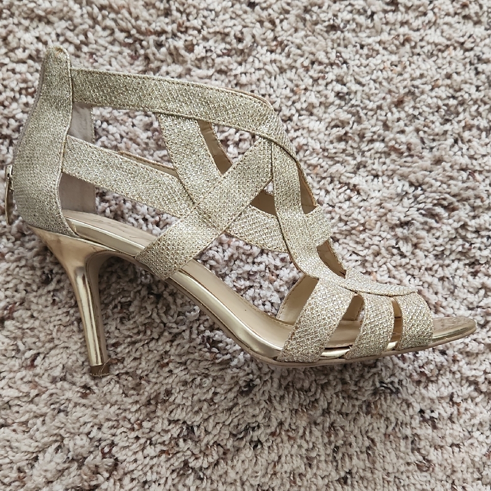 Marc Fisher Gold Glitter Strappy Heels